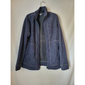 T by Talbots Women's M Blue Gray Herringbone Full Zip Knit Jacket Stand Collar